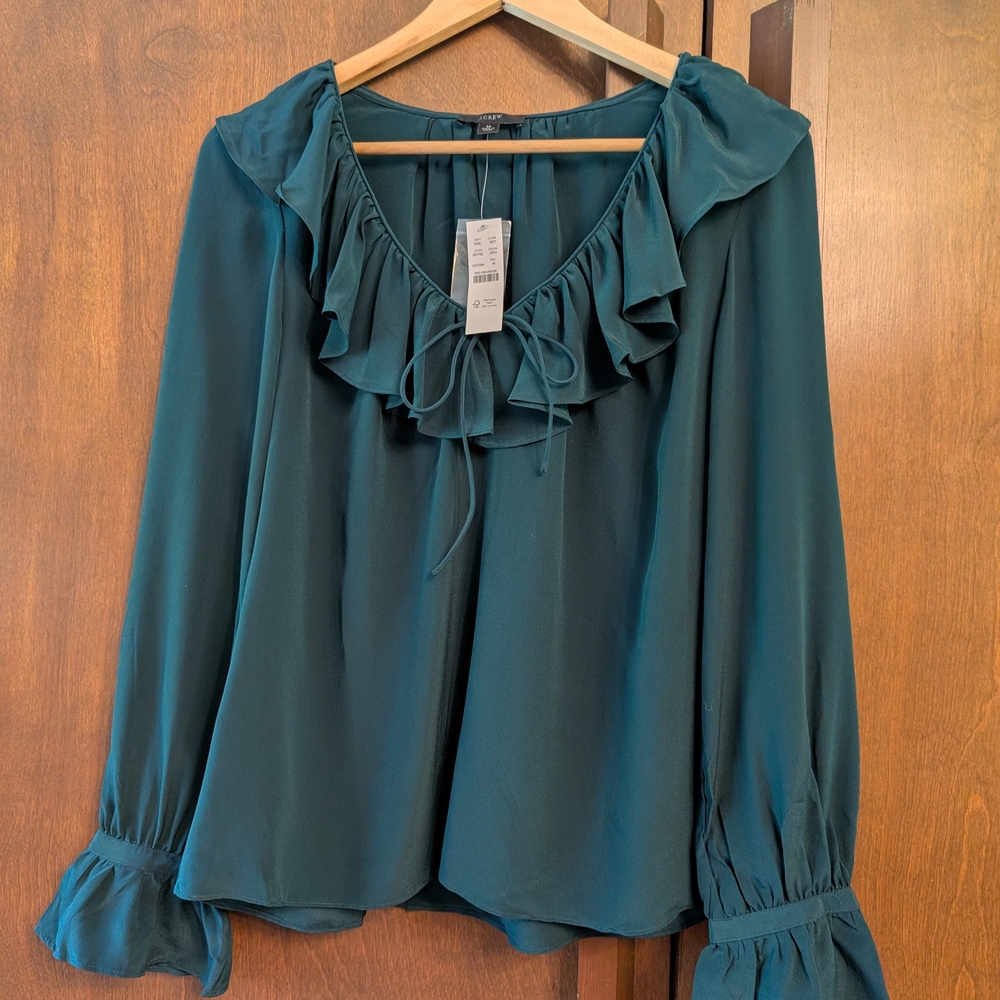 J. Crew Green Ruffled Bib Collar Blouse